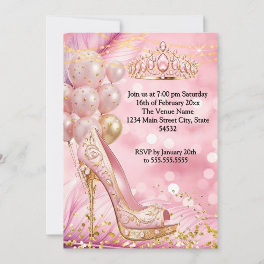 Fabulous birthday Blush Pink Tiara Gold Heel 招待状 (裏面)