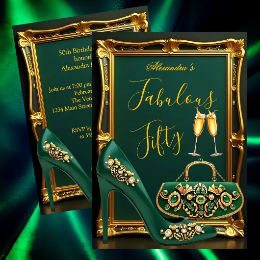 Fabulous Birthday Emerald gems Heel Champagne Gold 招待状