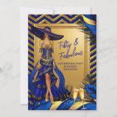 Fabulous Birthday Glamor Woman Blue Gold Feathers 招待状 (正面)