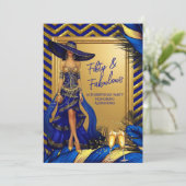 Fabulous Birthday Glamor Woman Blue Gold Feathers 招待状 (スタンド正面)