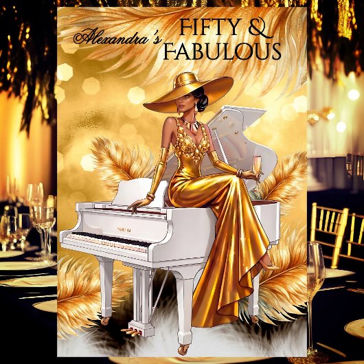 Fabulous Birthday Gold Champagne White Piano 招待状