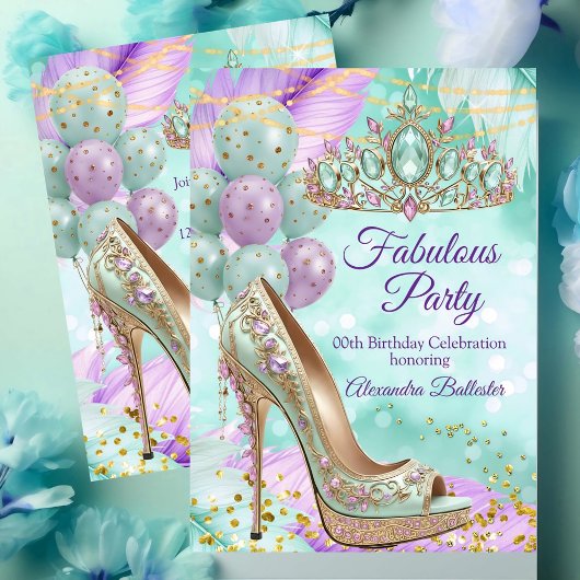 Fabulous birthday Lilac Teal Tiara Gold Heel 招待状