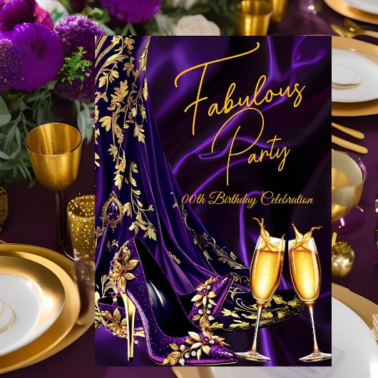Fabulous Birthday Purple Gold Heels Champagne 招待状