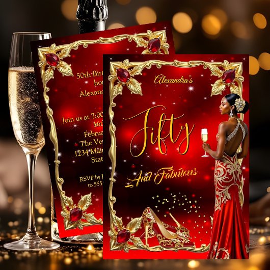 Fabulous Birthday Red Dress Gold High Heels Ethnic 招待状