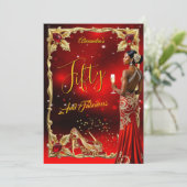 Fabulous Birthday Red Dress Gold High Heels Ethnic 招待状 (スタンド正面)