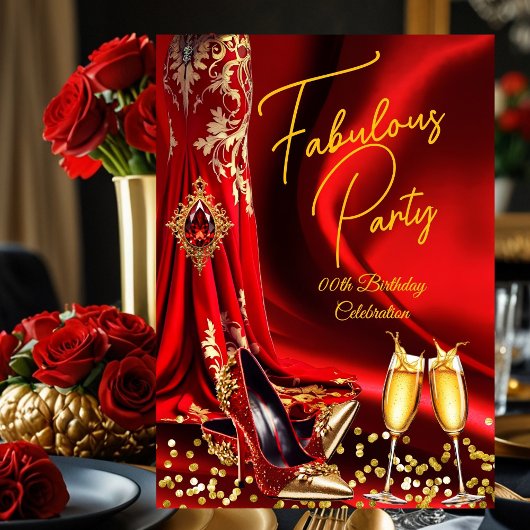 Fabulous Birthday Red Gold Heels Champagne 招待状