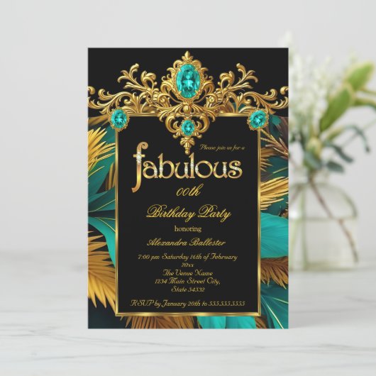 Fabulous Birthday Teal Blue Gold Gems Feathers 招待状 (スタンド正面)