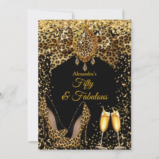 Fabulous Champagne birthday Leopard Gold Heel Gems 招待状 (正面)