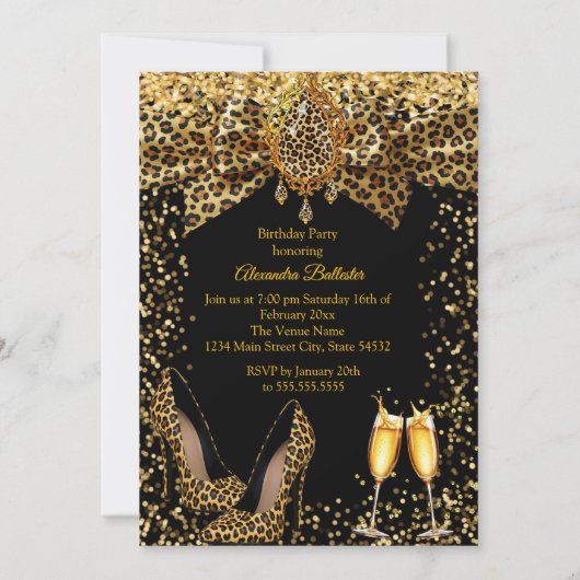 Fabulous Champagne birthday Leopard Gold Heel Gems 招待状 (裏面)