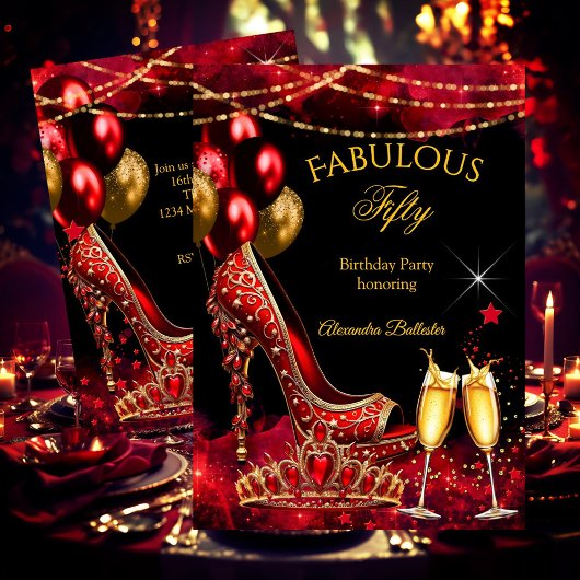 Fabulous Champagne birthday party Red Gold Heel 招待状