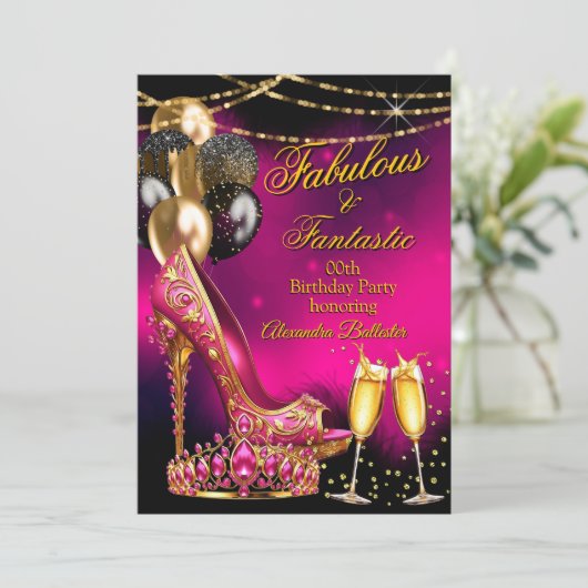 Fabulous Champagne birthday Pink Tiara Gold Heel 招待状 (スタンド正面)
