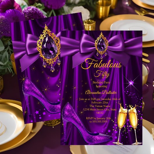 Fabulous Champagne birthday Purple Gold Heel Gem 招待状