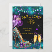 Fabulous Champagne birthday Purple Teal Gold Heel 招待状 (正面)