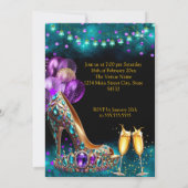 Fabulous Champagne birthday Purple Teal Gold Heel 招待状 (裏面)