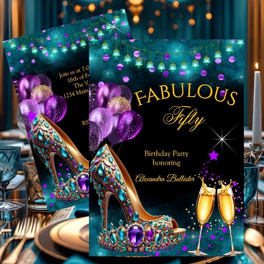 Fabulous Champagne birthday Purple Teal Gold Heel 招待状