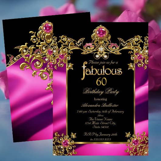 Fabulous Elegant 60th Birthday Fuchsia Gold Gems 招待状