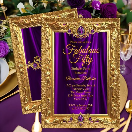 Fabulous Elegant Birthday Party Purple Gold Jewels 招待状