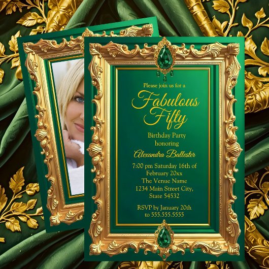 Fabulous Elegant Birthday Photo Emerald Green Gold 招待状