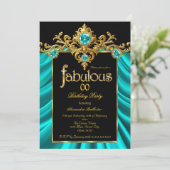 Fabulous Elegant Birthday Teal Blue Silk Gold Gems 招待状 (スタンド正面)