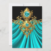Fabulous Elegant Birthday Teal Blue Silk Gold Gems 招待状 (裏面)