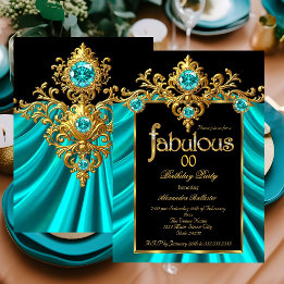 Fabulous Elegant Birthday Teal Blue Silk Gold Gems 招待状