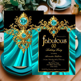 Fabulous Elegant Birthday Teal Blue Silk Gold Gems 招待状