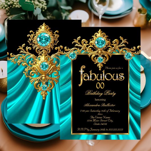 Fabulous Elegant Birthday Teal Blue Silk Gold Gems 招待状