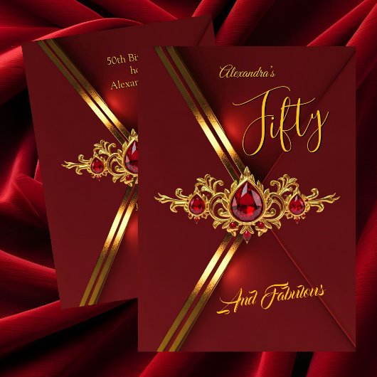 Fabulous Fifty Birthday Party Red Gold Gems 招待状