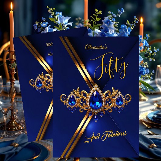 Fabulous Fifty Birthday Royal Blue Gold Gems 招待状