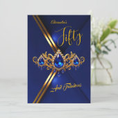 Fabulous Fifty Birthday Royal Blue Gold Gems 招待状 (スタンド正面)