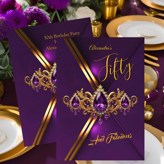 Fabulous Fifty Birthday Royal Purple Gold Gems 招待状