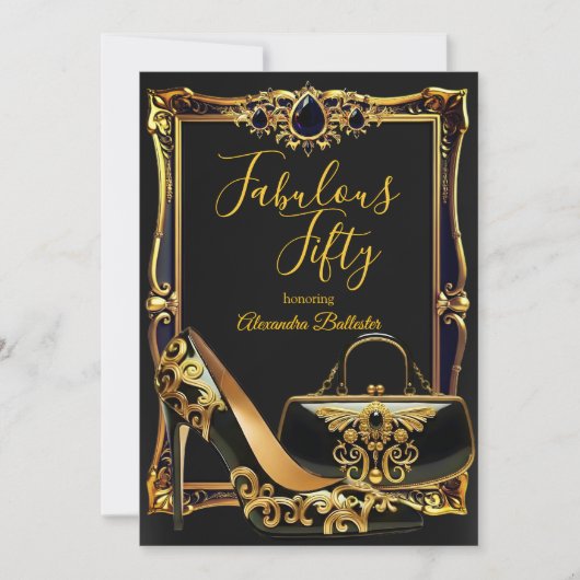 Fabulous Fifty Black Gold high Heel handbag Gems 招待状 (正面)