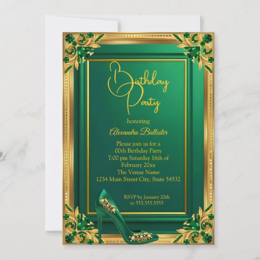 Fabulous Fifty Emerald Green Gold high Heel Gems 招待状 (正面)
