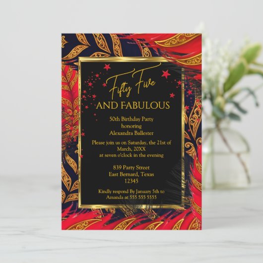Fabulous Fifty Five Birthday Red Gold Feathers 招待状 (スタンド正面)