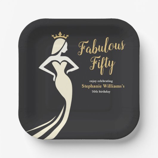 Fabulous Fifty Queen Golden Black 50th Birthday ペーパープレート (正面)