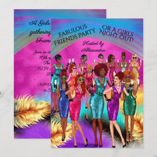 Fabulous Friends Party Girls Night Out Colorful 招待状 (正面/裏面)