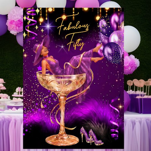 Fabulous Fun Birthday Purple Champagne Glass 招待状