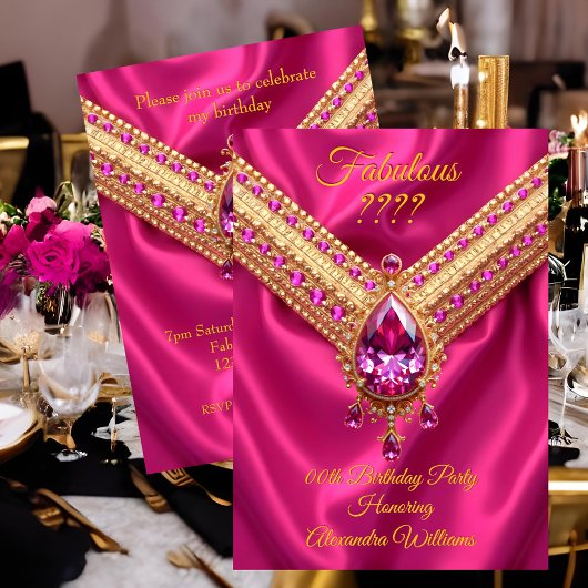 Fabulous Hot Pink Silk Gold Diamonds Birthday 招待状