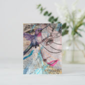 Face and Hummingbird Abstract Mixed Media Collage ポストカード (スタンド正面)