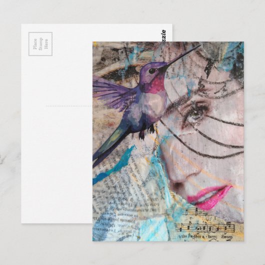 Face and Hummingbird Abstract Mixed Media Collage ポストカード (正面/裏面)