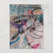 Face and Hummingbird Abstract Mixed Media Collage ポストカード (正面)