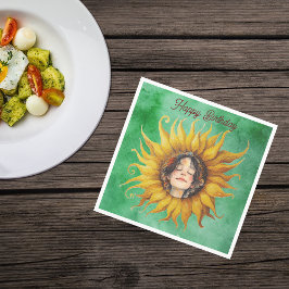 Face of Peaceful Girl Big Yellow Sunflower Green スタンダードランチョンナプキン