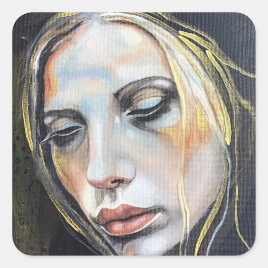 Face of sadness, young lady artwork stickers スクエアシール (正面)