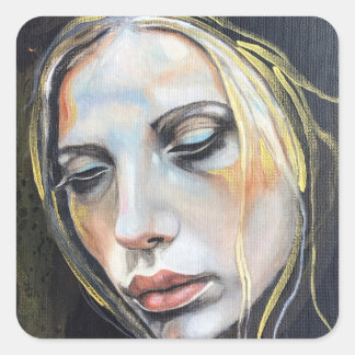 Face of sadness, young lady artwork stickers スクエアシール
