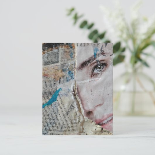 Face Random Words Abstract Mixed Media Collage ポストカード (スタンド正面)