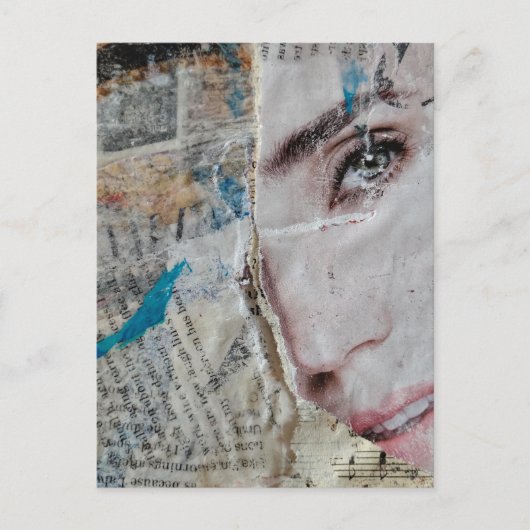 Face Random Words Abstract Mixed Media Collage ポストカード (正面)