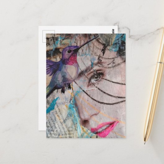 Face Random Words Hummingbird Mixed Media Collage ポストカード (正面/裏面インサイチュ)
