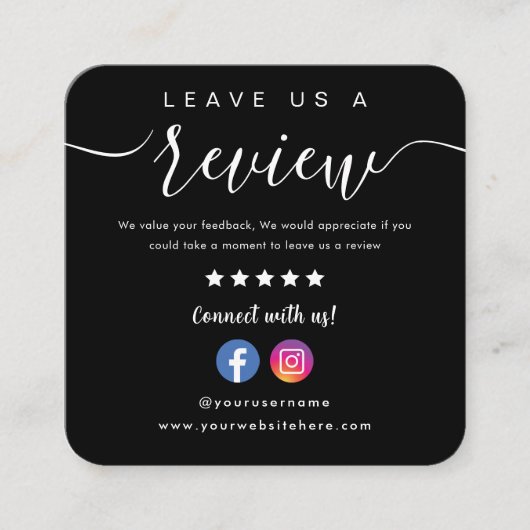 Facebook Instagramのロゴ離れA Review Black スクエア名刺 (正面)