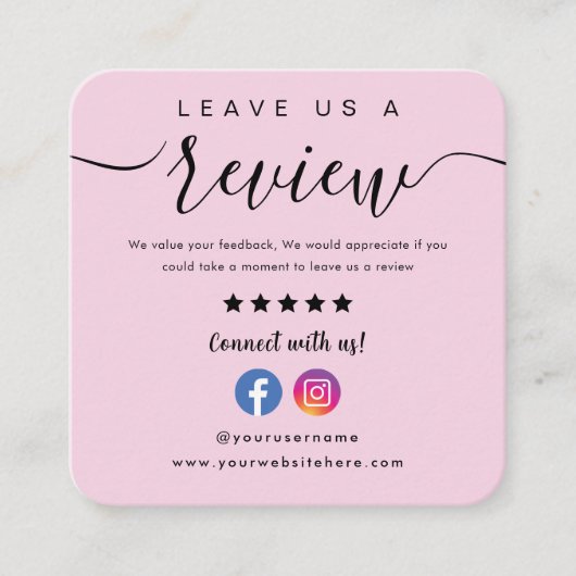 Facebook Instagramのロゴ離れA Review Pink スクエア名刺 (正面)