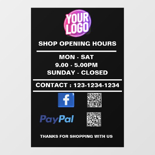 Facebook PayPal QRコードでの営業時間 ウィンドウサイン (シート)